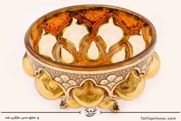 کاسه قلمزنی و آبگینه با رنگ عسلی قطر 16