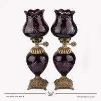 جفت شمعدان لاله ای تراش خورده با بدنه برنجی طرح خورشیدی