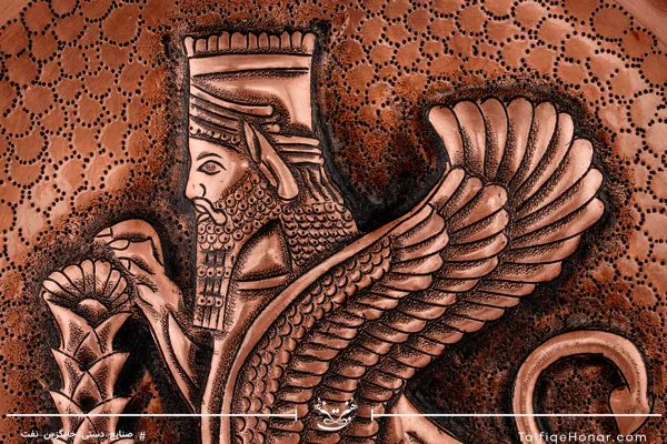 قاب بشقاب مسی قلمزنی برجسته طرح شیر و گل لوتوس