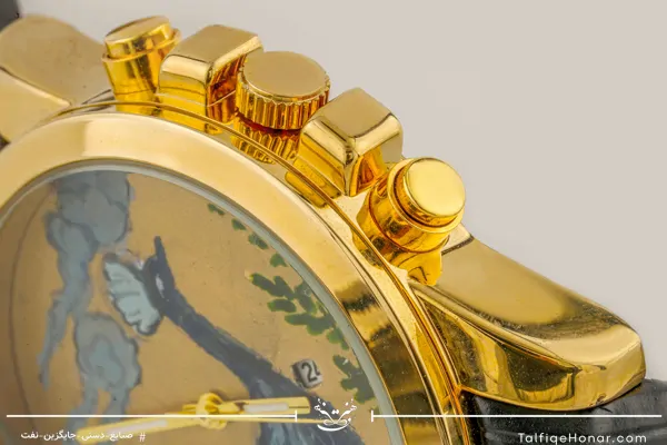  ساعت مچی مردانه صفحه برنج نگارگری مرغ و بوته و بند چرم مشکی