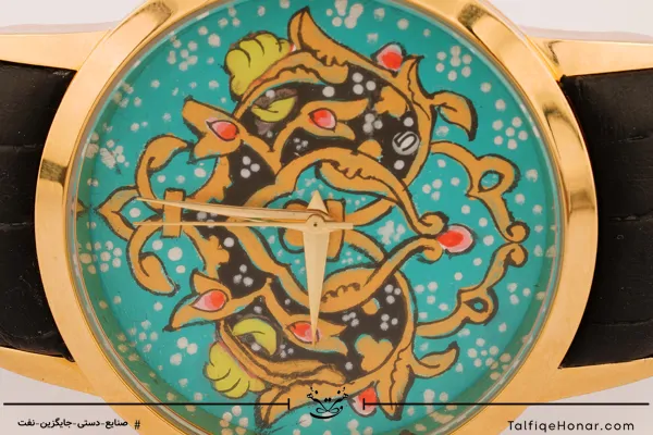 ساعت مچی مردانه صفحه نقاشی طرح اسلیمی ترنج با بند چرمی مشکی کروکدیل کد 001(10443)