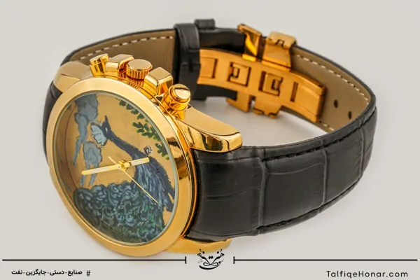  ساعت مچی مردانه صفحه برنج نگارگری مرغ و بوته و بند چرم مشکی