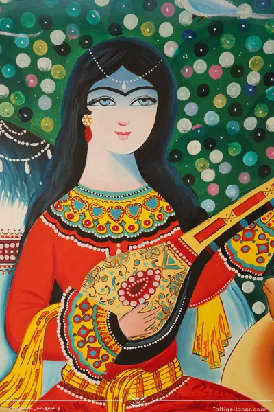 تابلو نقاشی رنگ روغن طرح دختر نوازنده سایز 100*70