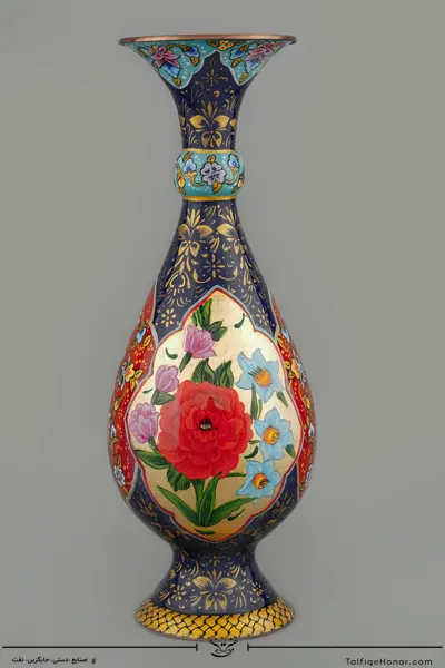 گلدان صراحی مسی تمام پرداز با ورق طلا سایز 26 کد 001(10526)