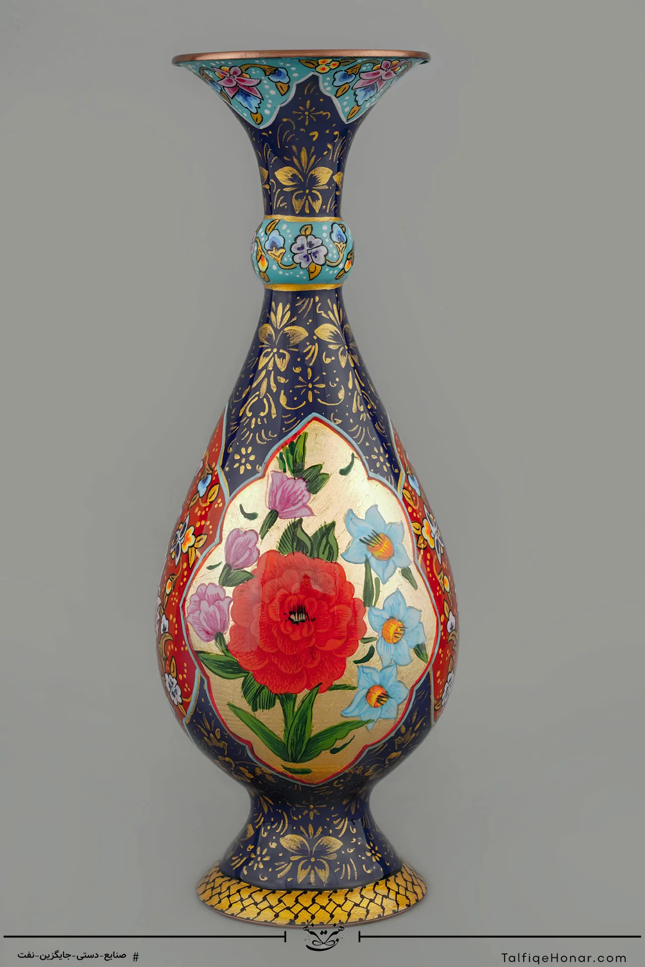 گلدان صراحی مسی تمام پرداز با ورق طلا سایز 26 کد 001(10526)