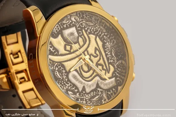 ساعت مچی برنجی قلمزنی مردانه با بند چرمی مشکی طرح ایران(10443)