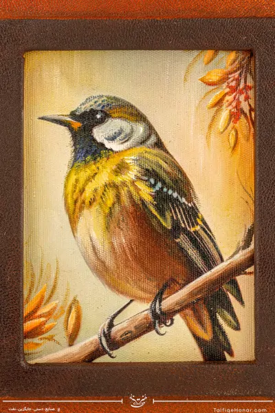 نقاشی اکرلیک تک پرنده با قاب چرمی سایز 21*25