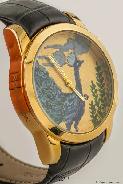  ساعت مچی مردانه صفحه برنج نگارگری مرغ و بوته و بند چرم مشکی