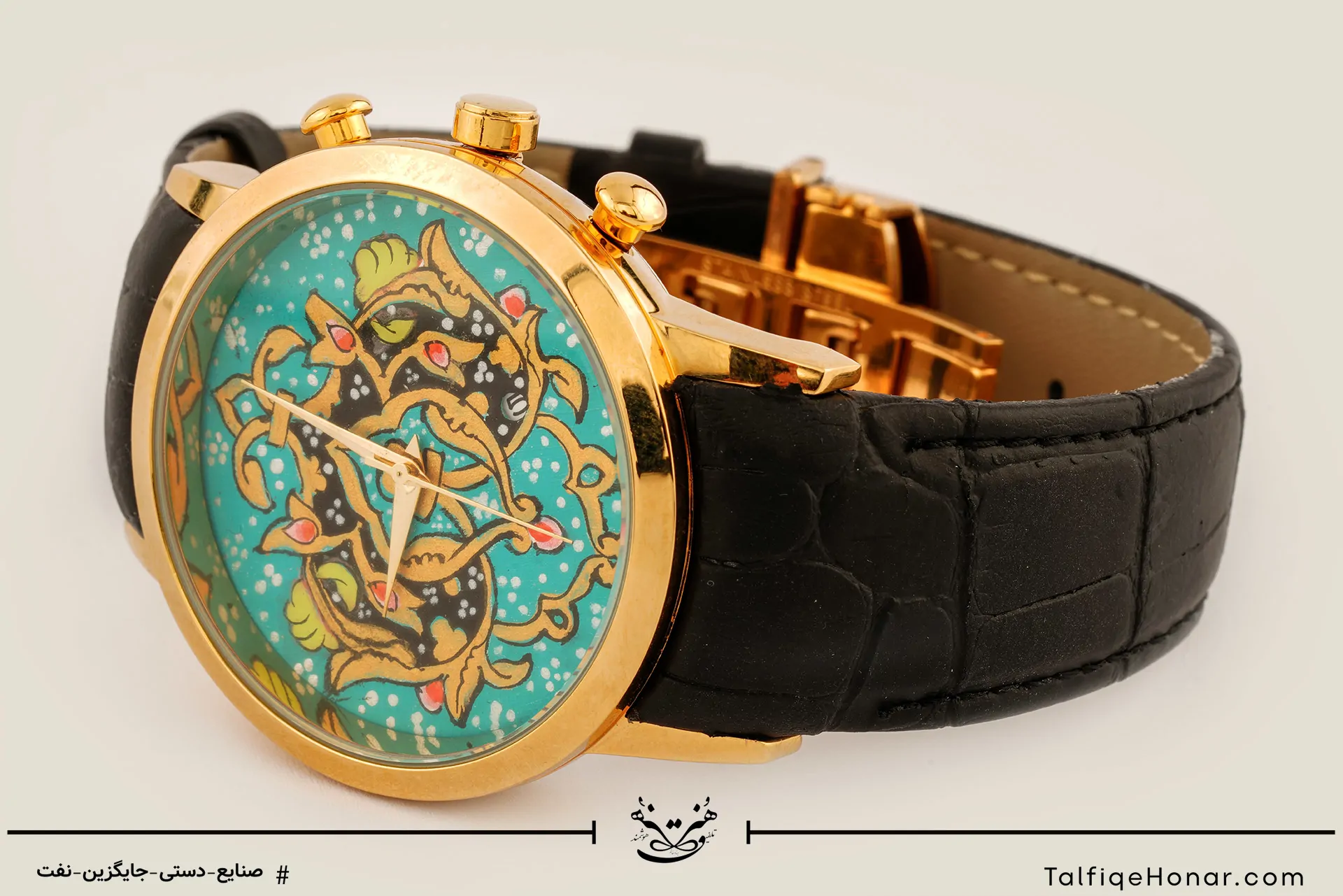 ساعت مچی مردانه صفحه نقاشی طرح اسلیمی ترنج با بند چرمی مشکی کروکدیل کد 001(10443)