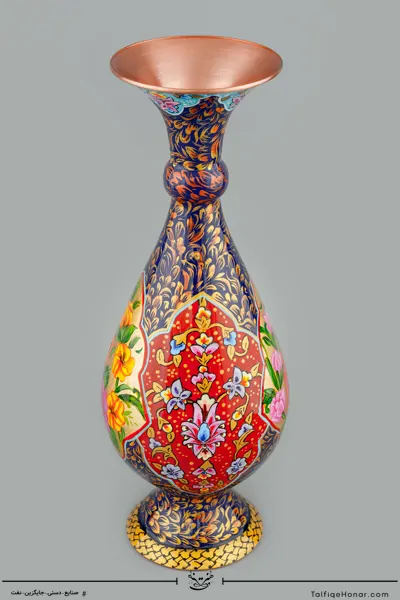 گلدان صراحی مسی تمام پرداز با ورق طلا سایز 26 کد 002(10526)