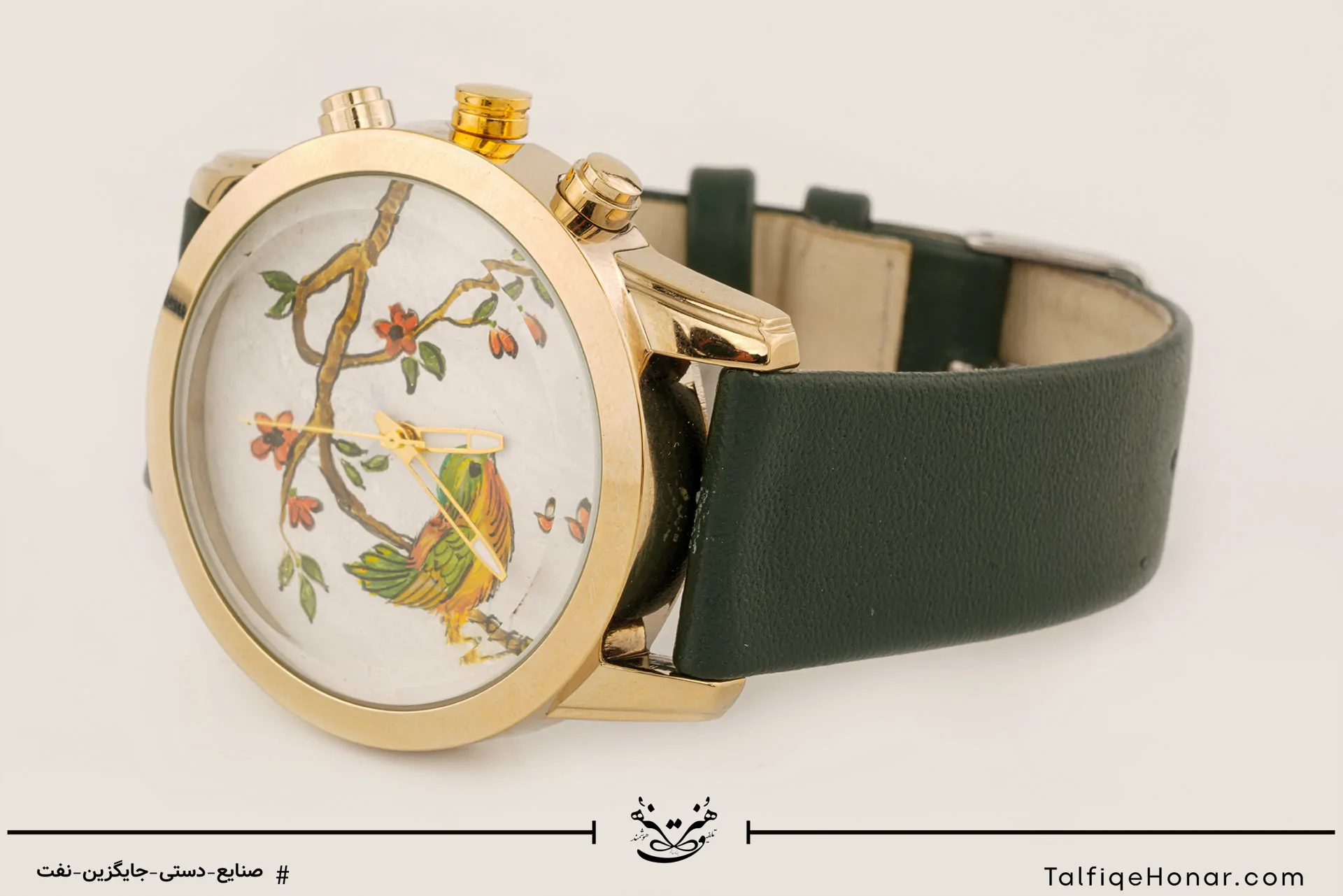  ساعت مچی مردانه صفحه برنج نگارگری گل و مرغ و بند چرم مشکی