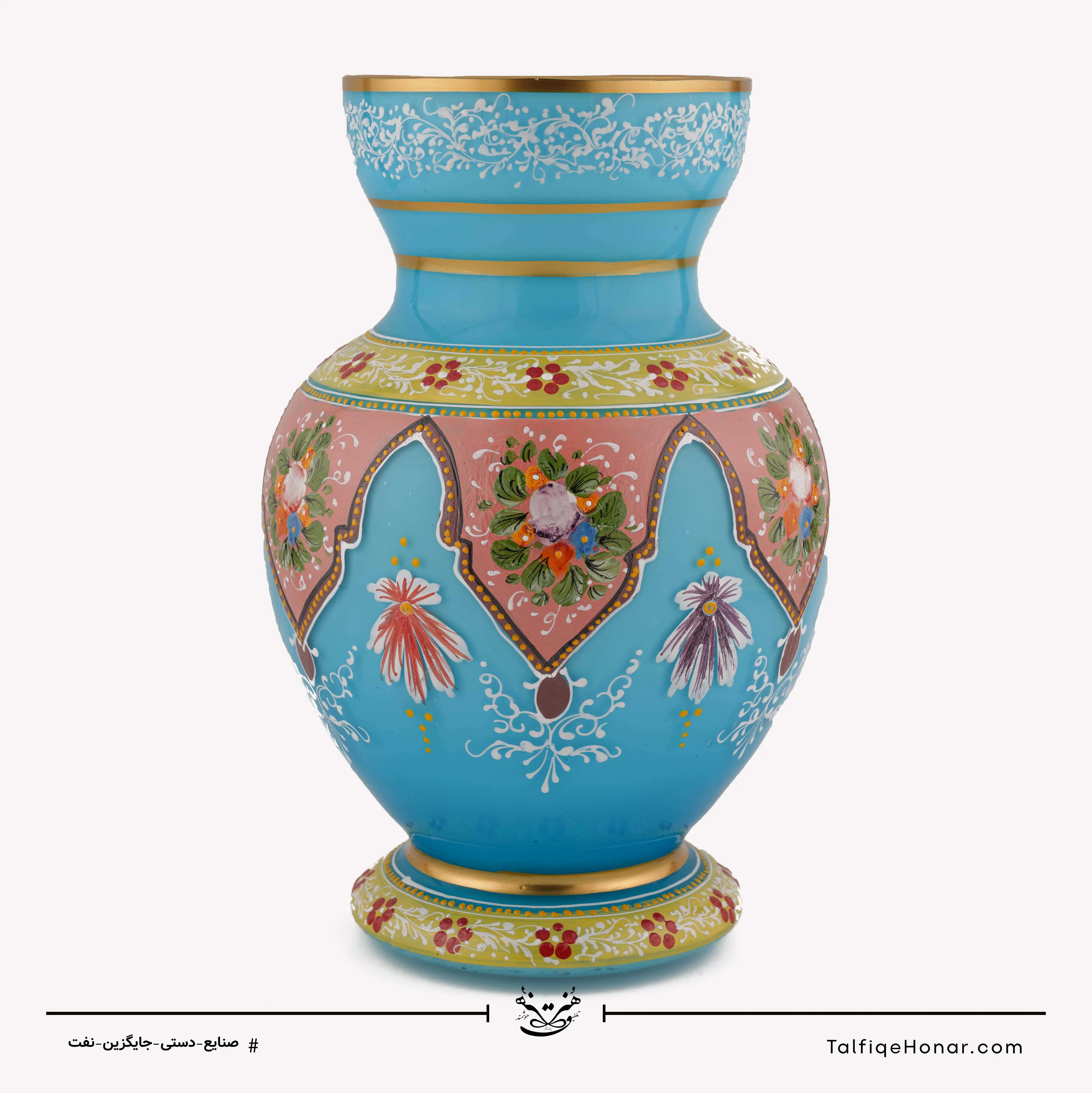 گلدان سه پوست نقاشی شده رنگ فیروزه ای سایز 24