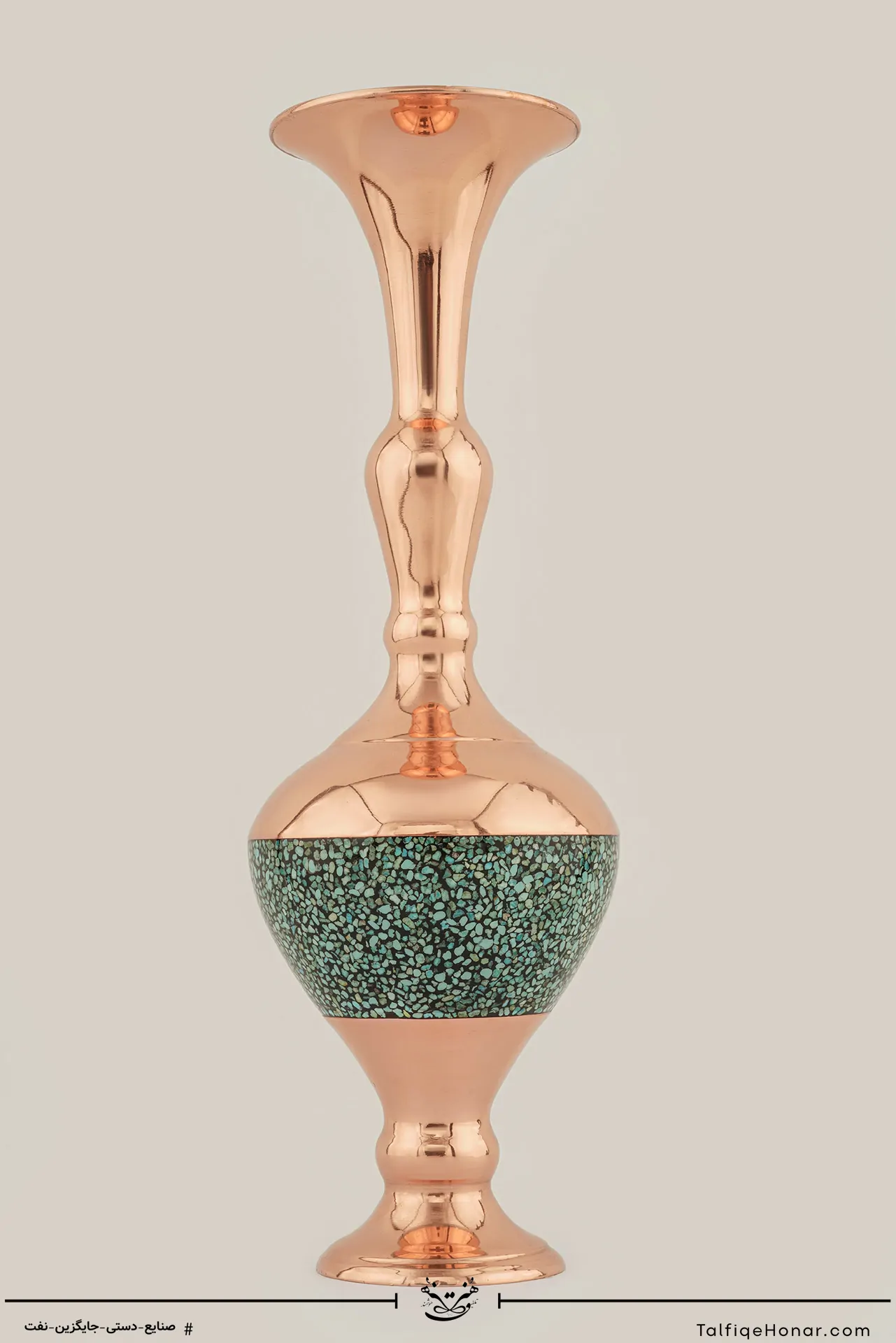 گلدان صراحی مس فیروزه کوبی سر شانه دار سایز 25(10002)