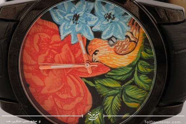 ساعت مچی مردانه صفحه نقاشی طرح گل ومرغ با بند چرمی مشکی کروکدیل(10443) 