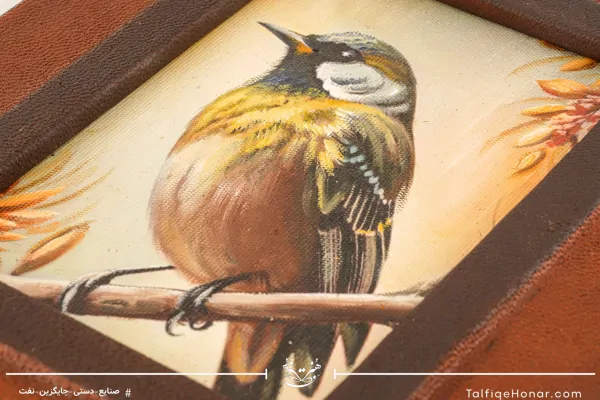 نقاشی اکرلیک تک پرنده با قاب چرمی سایز 21*25