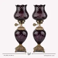 جفت شمعدان لاله ای تراش خورده با بدنه برنجی طرح خورشیدی