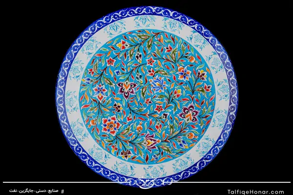 بشقاب مینا کاری با زمینه رنگ فیروزه ای قطر 25(10670)